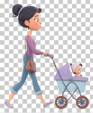 Mother Walking With Baby Pushcart - Woman Walking With Stroller PNG