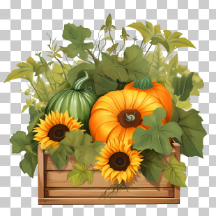 Autumn Gourds
 - Pumpkins And Sunflowers In Wooden Crate Illustration PNG