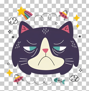 Cartoon Cat - Grumpy Cat With Stars And UFOs PNG