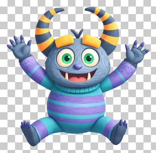 Cartoon Monster - Happy Blue Striped Monster Jumping PNG
