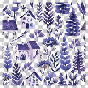 House Pattern - Purple Houses And Flowers Pattern PNG