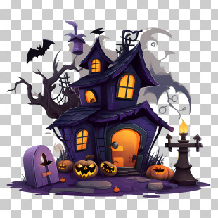 Haunted Halloween House - Creepy Halloween Haunted House With Pumpkins PNG