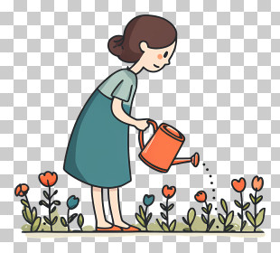 Woman Watering Flowers PNG
