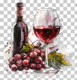 Red Wine - Red Wine And Grapes Watercolor Style PNG