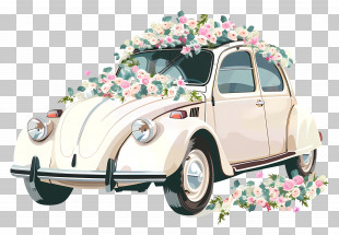 Wedding Car - Vintage Car Covered With Romantic Floral Decor PNG