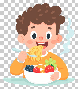 Little Boy Having Breakfast - Happy Kid Eating A Bowl Of Noodles And Fruit PNG