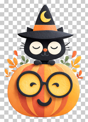 Halloween Pumpkin Scene - Cat On Pumpkin With Glasses PNG