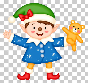 Christmas Elf - Elf With Teddy Bear In Blue Coat PNG