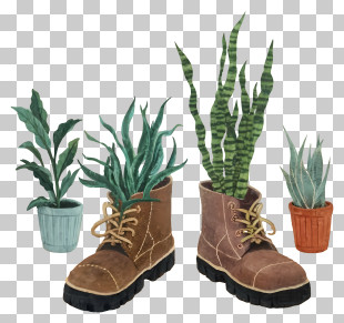 Plant Pots - Brown Boots With Green Plants PNG