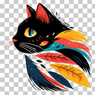 Cat Minimalist - Artistic Cat Head With Feathers PNG