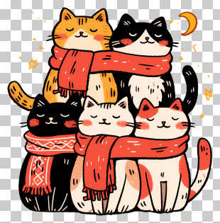Whimsical Cartoon Christmas - Five Cats Wearing Scarves PNG