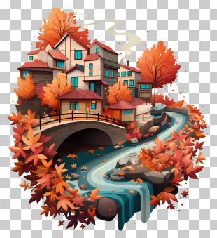 Autumn Urban Waterway - Charming Autumn House By The River PNG