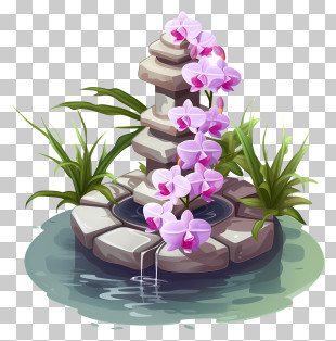 Rock Fountain - Zen Garden Illustration With Pink Orchids PNG