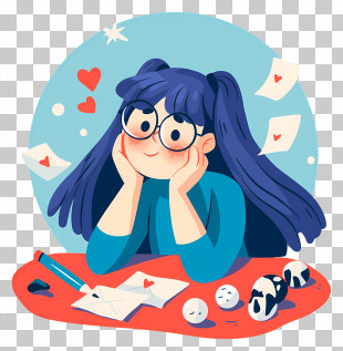 Girl Writing Love Letters - Girl With Glasses Cartoon Illustration PNG