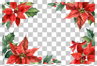 Christmas Frame - Red Poinsettia And Holly Frame PNG