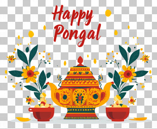Happy Pongal - Happy Pongal Pot With Floral Decorations PNG