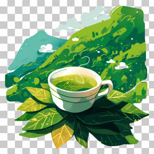 Tea Mountain - Cup Of Green Tea With Mountain Scenery PNG