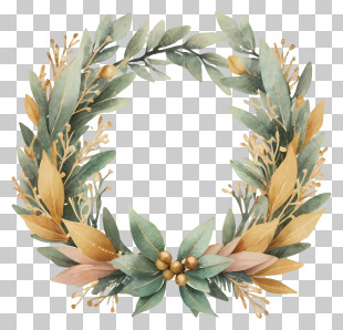 Cartoon - Elegant Green And Gold Leaf Wreath PNG