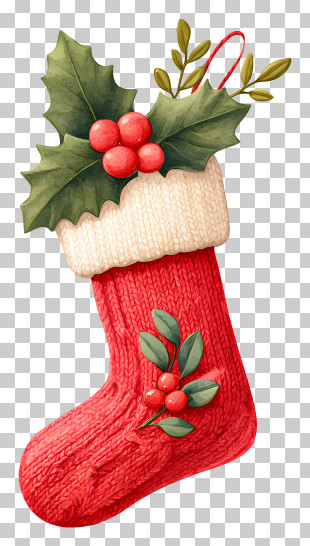 Christmas Stocking With Holly - Cozy Red Christmas Stocking PNG
