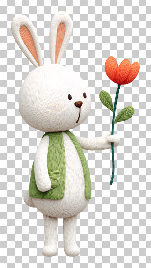 Rabbit Holding A Small Flower - White Bunny Holding A Flower PNG