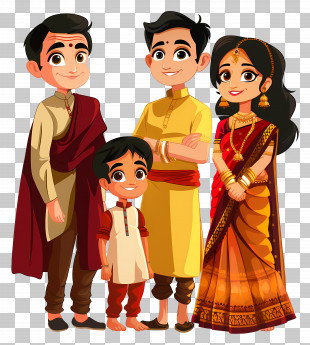 Indian Family - Cartoon Traditional Family Portrait With Smiling Characters PNG