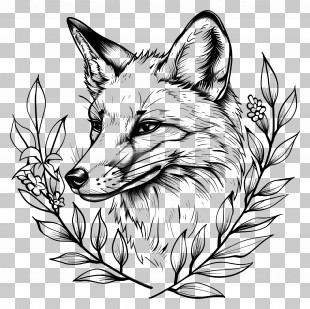 Fox Tattoo - Fox With Leaves In Nature Illustration PNG