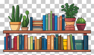 Wooden Bookshelf - Bookshelf With Books And Plants PNG