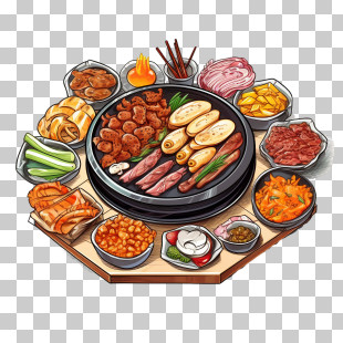 Korean Food - Korean Barbecue Icon With Food Platter And Grill PNG