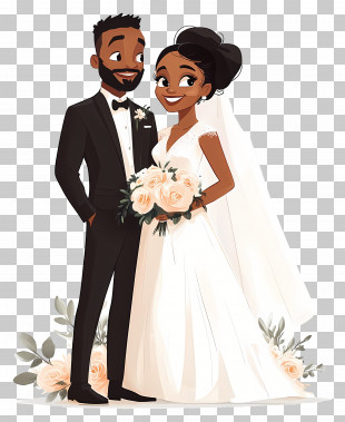 Black Couple Wedding - Illustrated Couple Celebrating Their Wedding Day PNG
