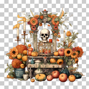Ofrenda - Skull And Flowers Altar For Day Of The Dead PNG