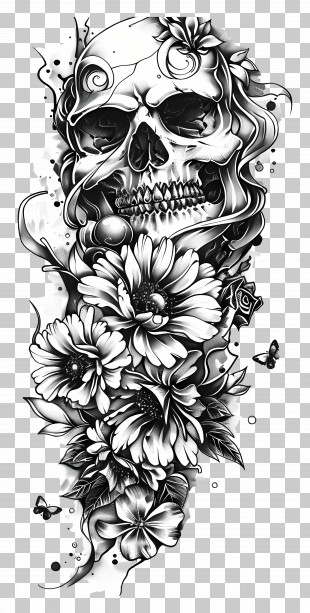 Sleeve Tattoo - Skull With Floral Tattoo Design PNG