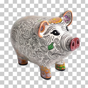 Doodle Piggy Bank - Ornate Ceramic Piggy Bank PNG