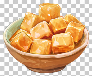 Caramel Cube - Golden Caramel Cubes In A Bowl PNG