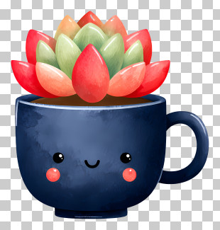 Watercolor Succulent In Mug - Cute Plant In Cup With Smile PNG