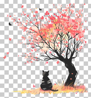 Cute Cat Under Tree - Cat Sitting Under Blossoming Tree PNG