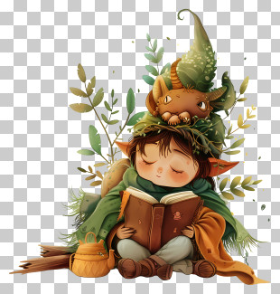 World Storytelling Day - Elf Reading A Book With Dragon In Nature PNG
