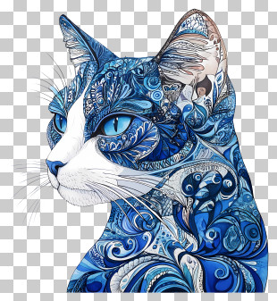 Cat Line Art - Blue Patterned Cat Art PNG