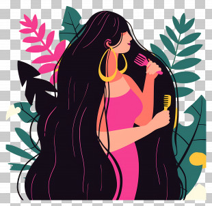 Woman Combing Long Hair - Woman Brushing Long Hair In A Stylish Illustration PNG