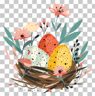 Easter Egg Nest With Flowers - Easter Egg Nest With Flowers PNG