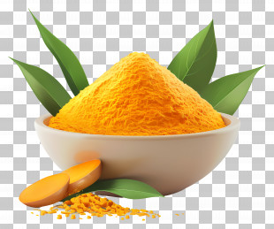 Turmeric Powder - Bowl Of Turmeric Powder With Leaves PNG