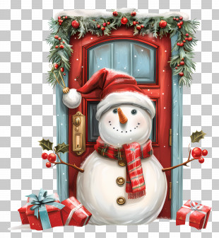 Snowman With Red Scarf And Gifts - Festive Snowman And Christmas Gifts By The Door PNG