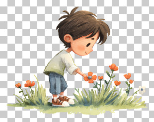 Boy Picking Flowers PNG