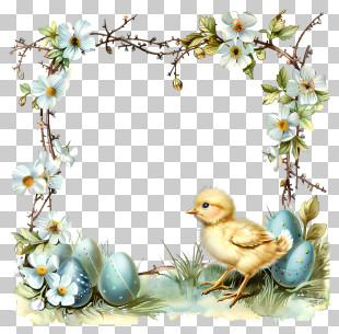 Easter Day Frame - Cute Chick And Easter Eggs In Floral Frame PNG