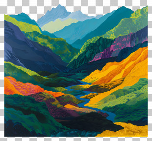 Moss Hill - Vivid And Colorful Illustration Of A Mountain Valley PNG