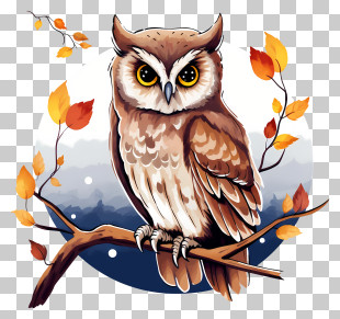 Owl - Brown Owl On Branch With Autumn Leaves PNG
