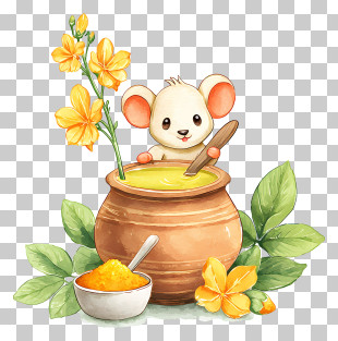 Pancham Haldi - Cute Mouse Stirring Turmeric Pot PNG