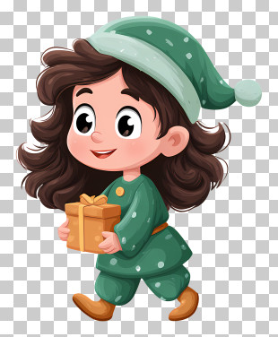 Cartoon Girl In Christmas - Festive Girl In Green Pajamas PNG