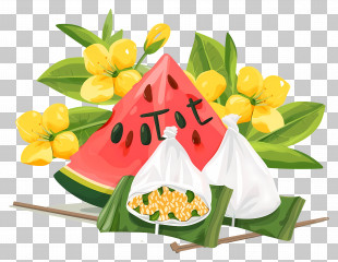 Vietnamese New Year - Watermelon Slice And Tet Cake With Yellow Flowers PNG