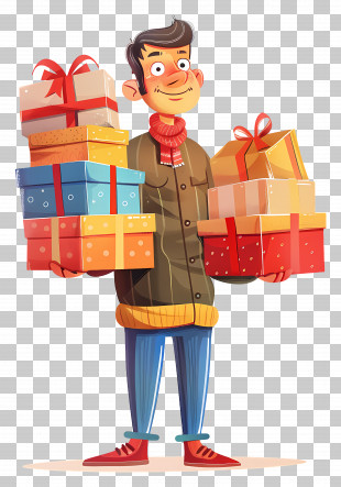 Man Holding Gifts - Cartoon Man Holding Multiple Gifts PNG