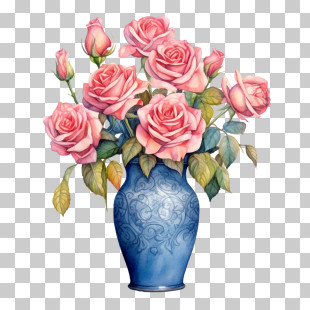 Rose
 - Pink Roses In Blue Ceramic Vase Art PNG
